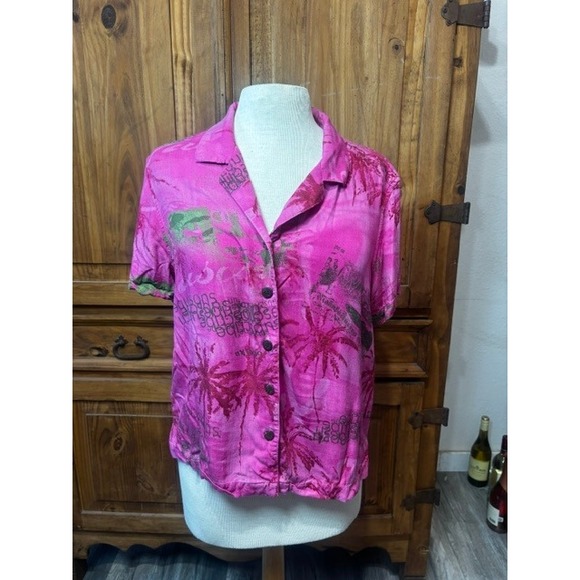 Caribbean Joe Tops - Caribbean Joe Pink Tropical Palm Tree Print Button Front Shirt Petite Womens M